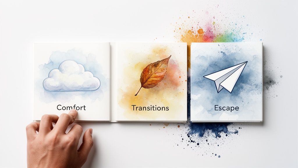 Hand touching 'Comfort' card, alongside 'Transitions' and 'Escape' cards with watercolor illustrations.