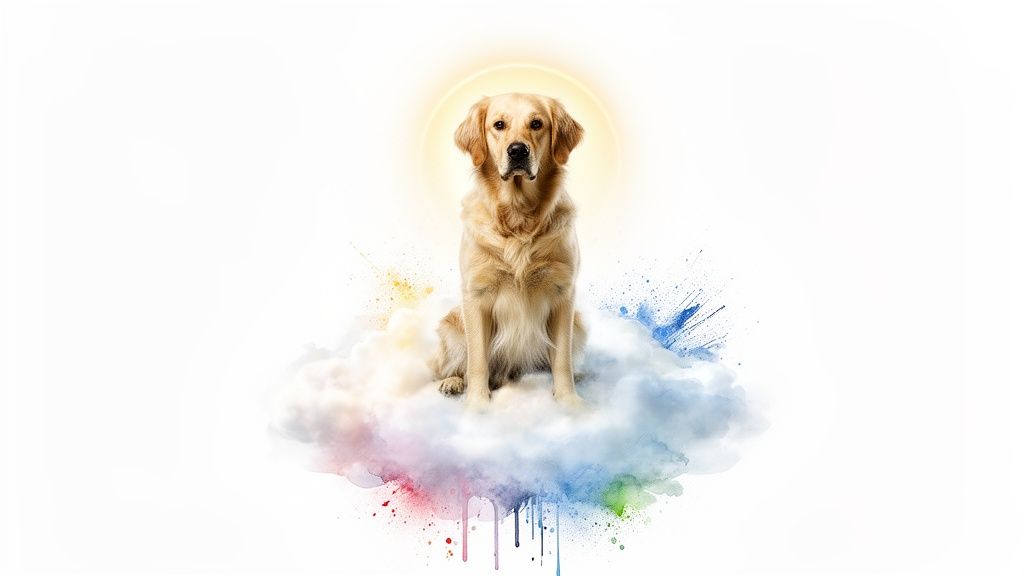 A golden retriever dog sits on a colorful cloud with a glowing halo, representing a beloved pet in heaven.