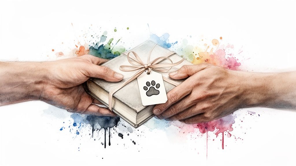 Two hands exchange a gift-wrapped book with a paw print tag amidst colorful watercolor splashes.
