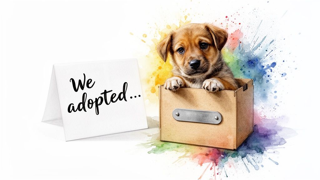 Adorable brown puppy in a cardboard box next to a 'We adopted...' card with watercolour splashes.