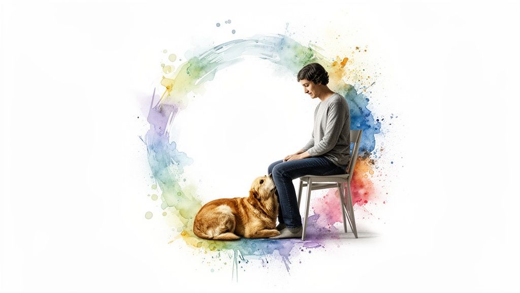 A man sits on a chair, gently looking at his golden retriever lying by his feet, surrounded by colorful watercolor art.
