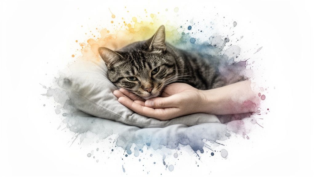 Tabby cat resting its head gently on human hands on a soft pillow with watercolor art.