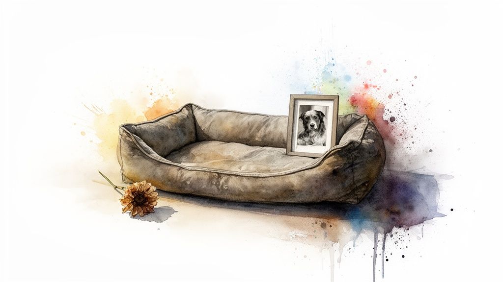 A watercolor painting depicts an empty dog bed, a framed photo of a dog, and a dried flower, surrounded by colorful splashes, symbolizing pet remembrance.