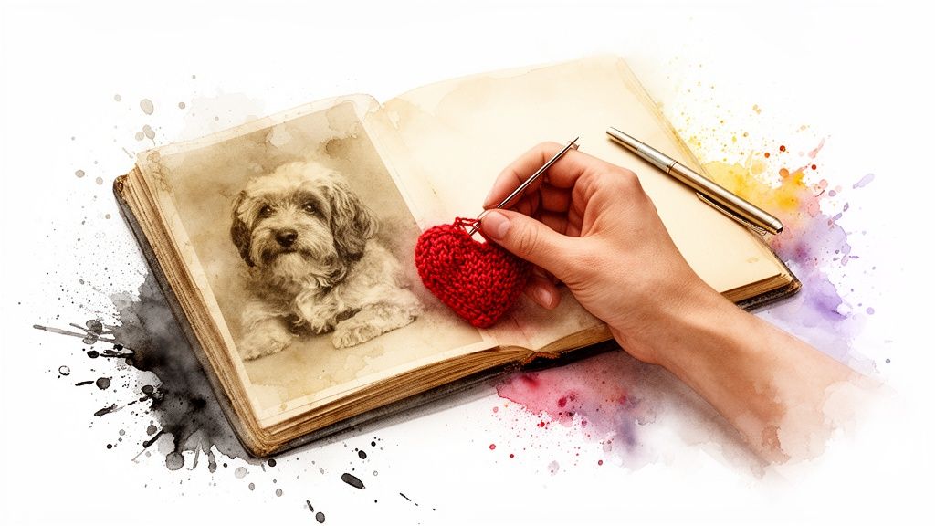 A hand knits a red heart next to a vintage photo of a dog in an open book.