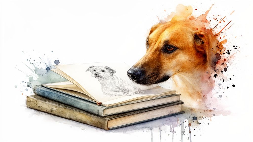 A watercolor illustration of a brown dog observing a pencil sketch of a small dog in an open book.