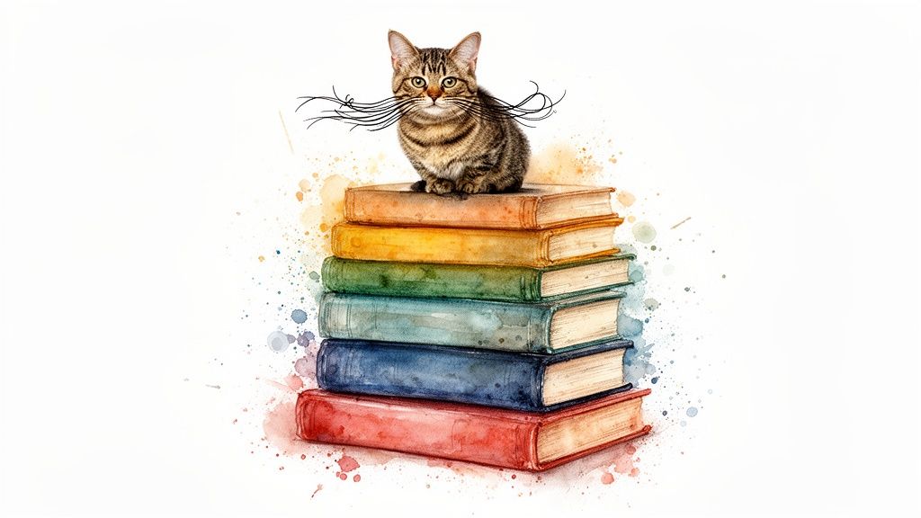 A whimsical watercolor painting of a tabby cat sitting atop a stack of colorful books with exaggerated whiskers.