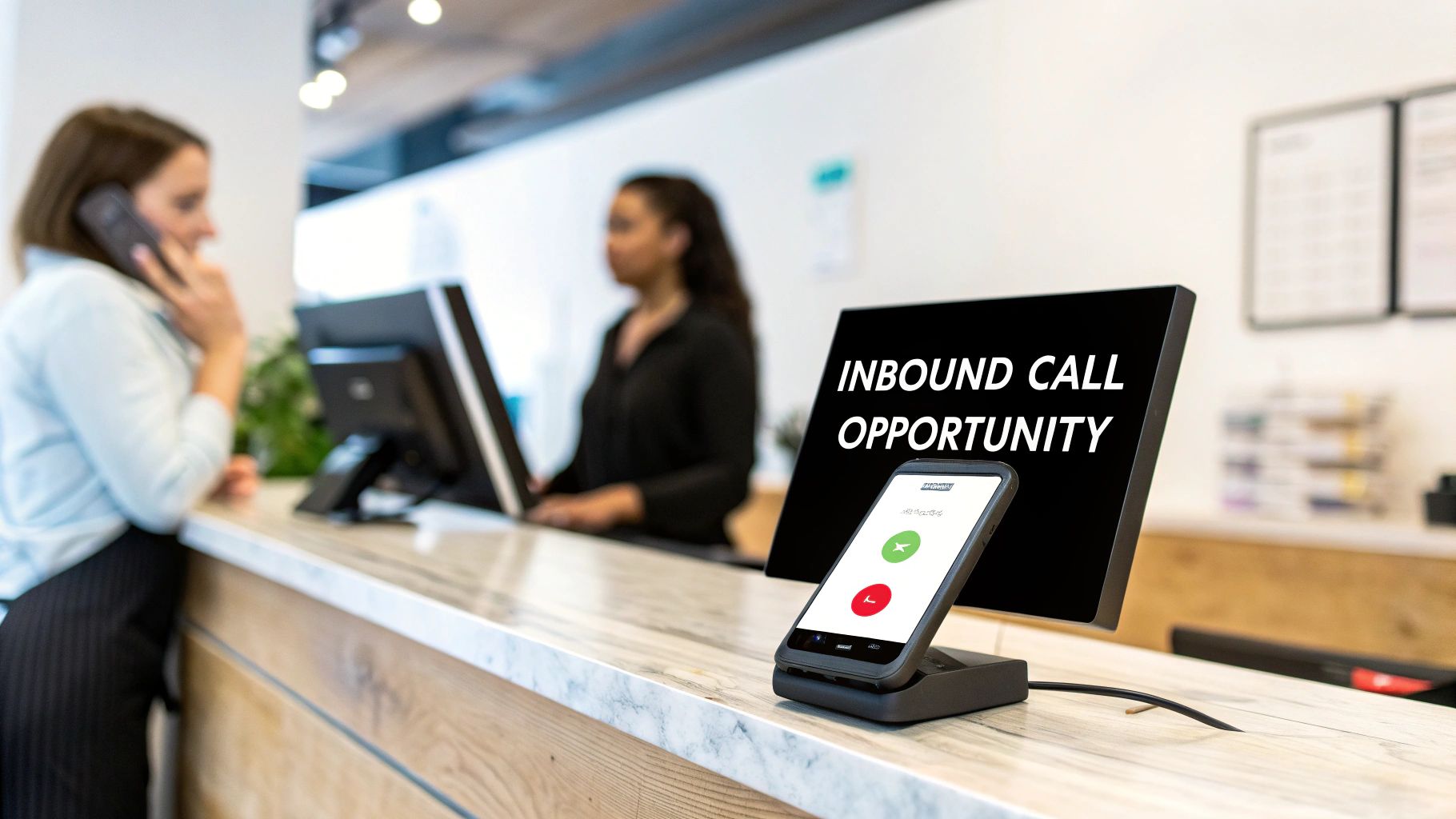 A call center or reception area with a monitor displaying 'Inbound Call Opportunity' and a phone ready to answer.