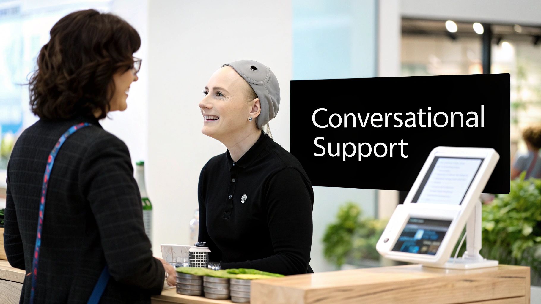 Two women smiling and conversing at a counter, with a "Conversational Support" screen behind them.