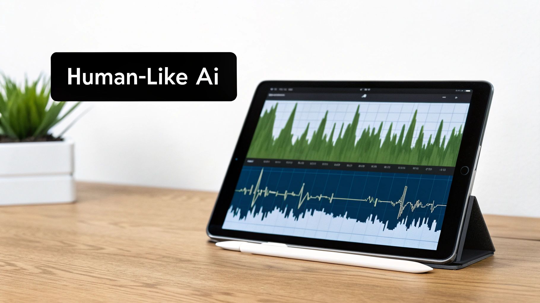 A tablet shows data graphs, a pen, and a potted plant on a wooden desk, with "Human-Like Ai" text.