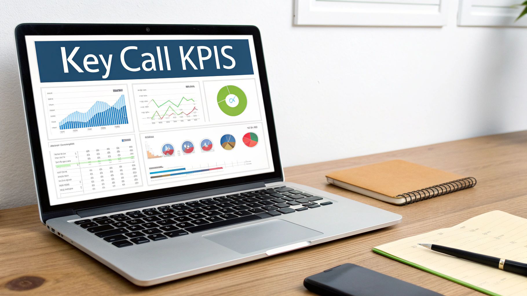 A laptop on a wooden desk displays a 'Key Call KPIs' dashboard with various charts and graphs.