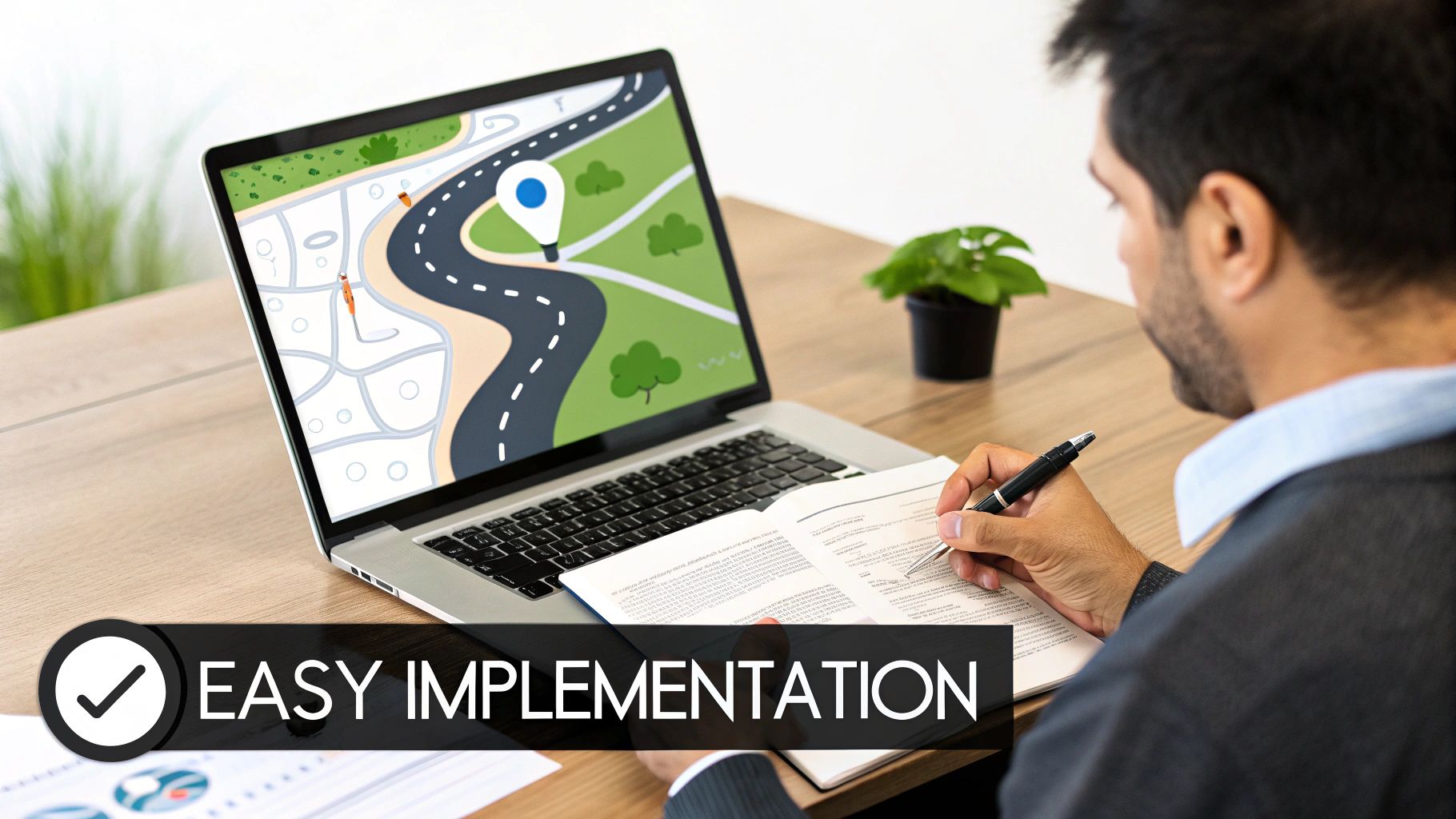A person works at a desk with a laptop displaying a map and a location pin, with text 'EASY IMPLEMENTATION'.