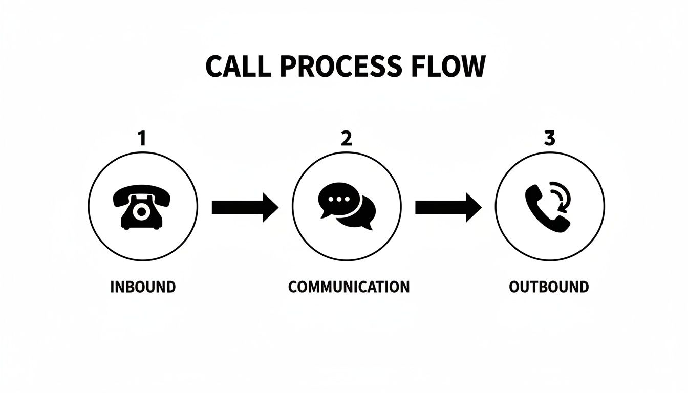 A clear diagram illustrating a three-step call process flow: inbound, communication, and outbound.