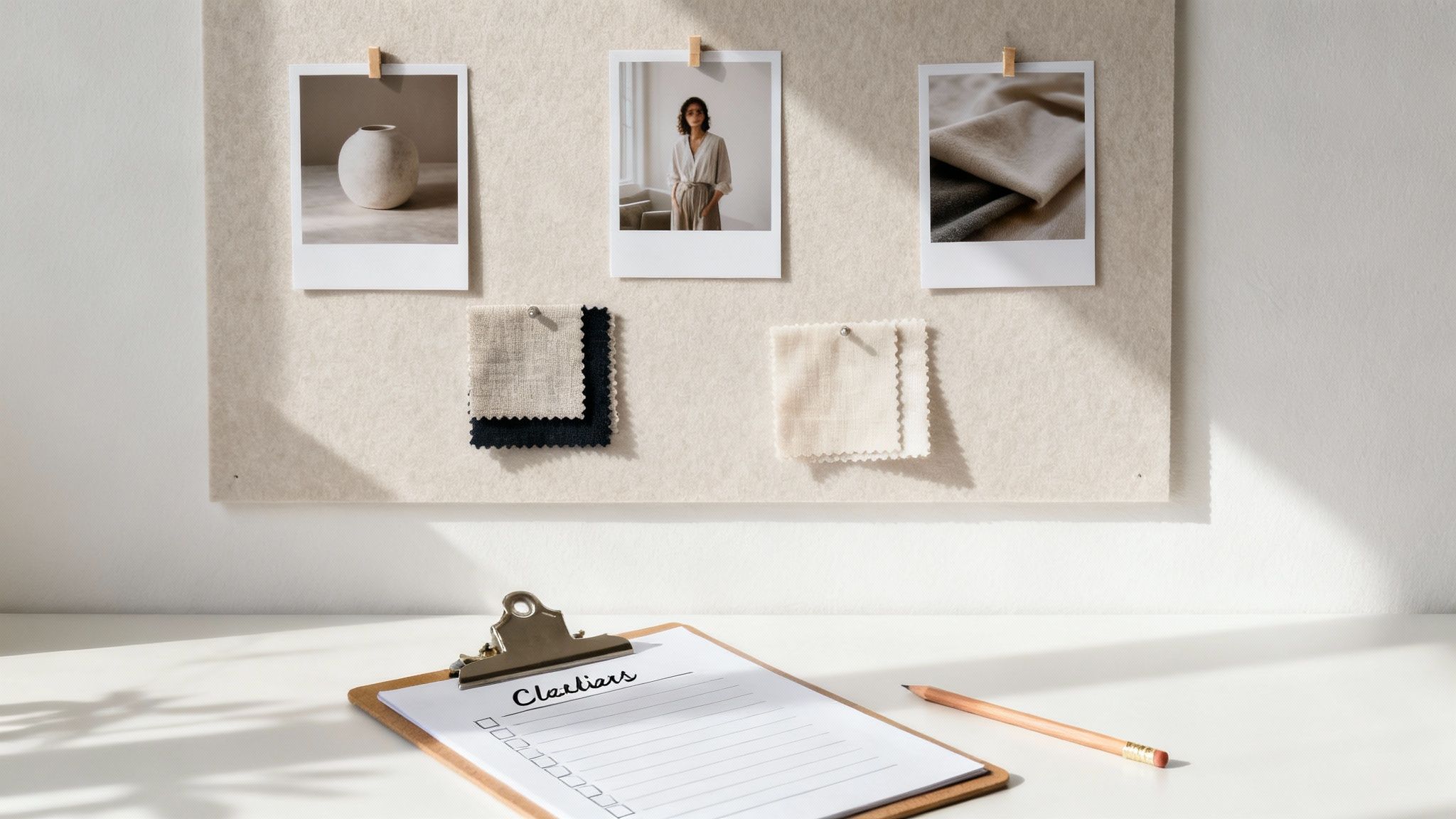A neutral-toned mood board with various photos and fabric swatches, above a desk with a clipboard and pencil.