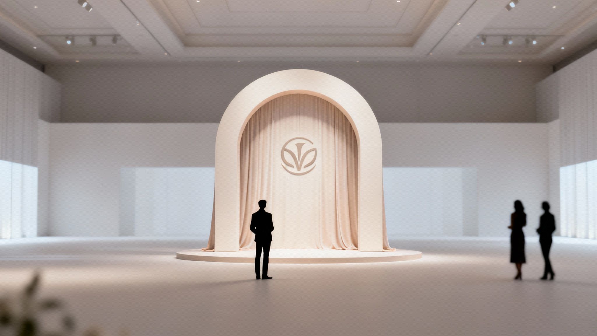Minimalist event space with an arched stage, beige curtains, a logo, and silhouetted attendees.