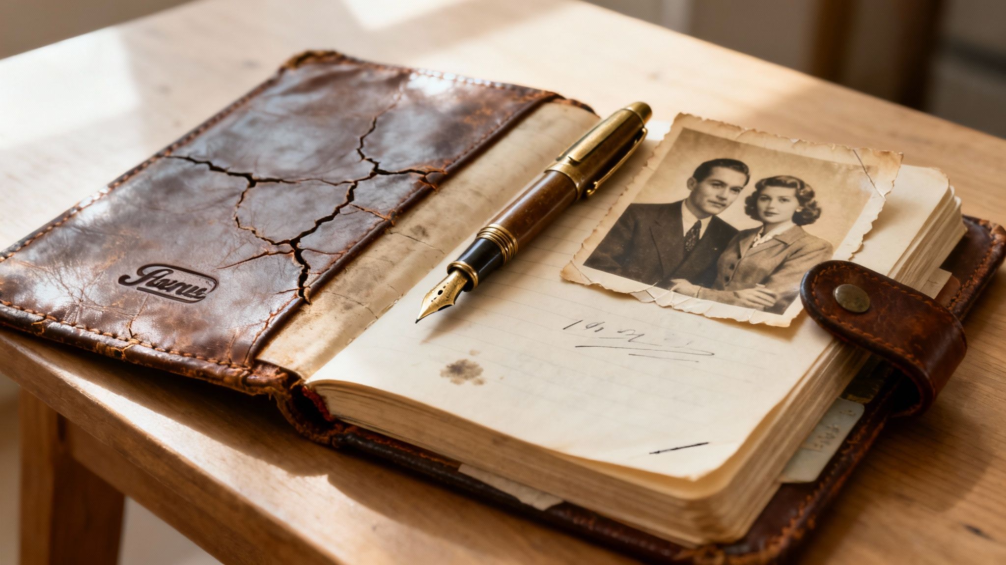 An old, cracked leather journal with a vintage fountain pen and a black and white photo of a couple on a wooden table.