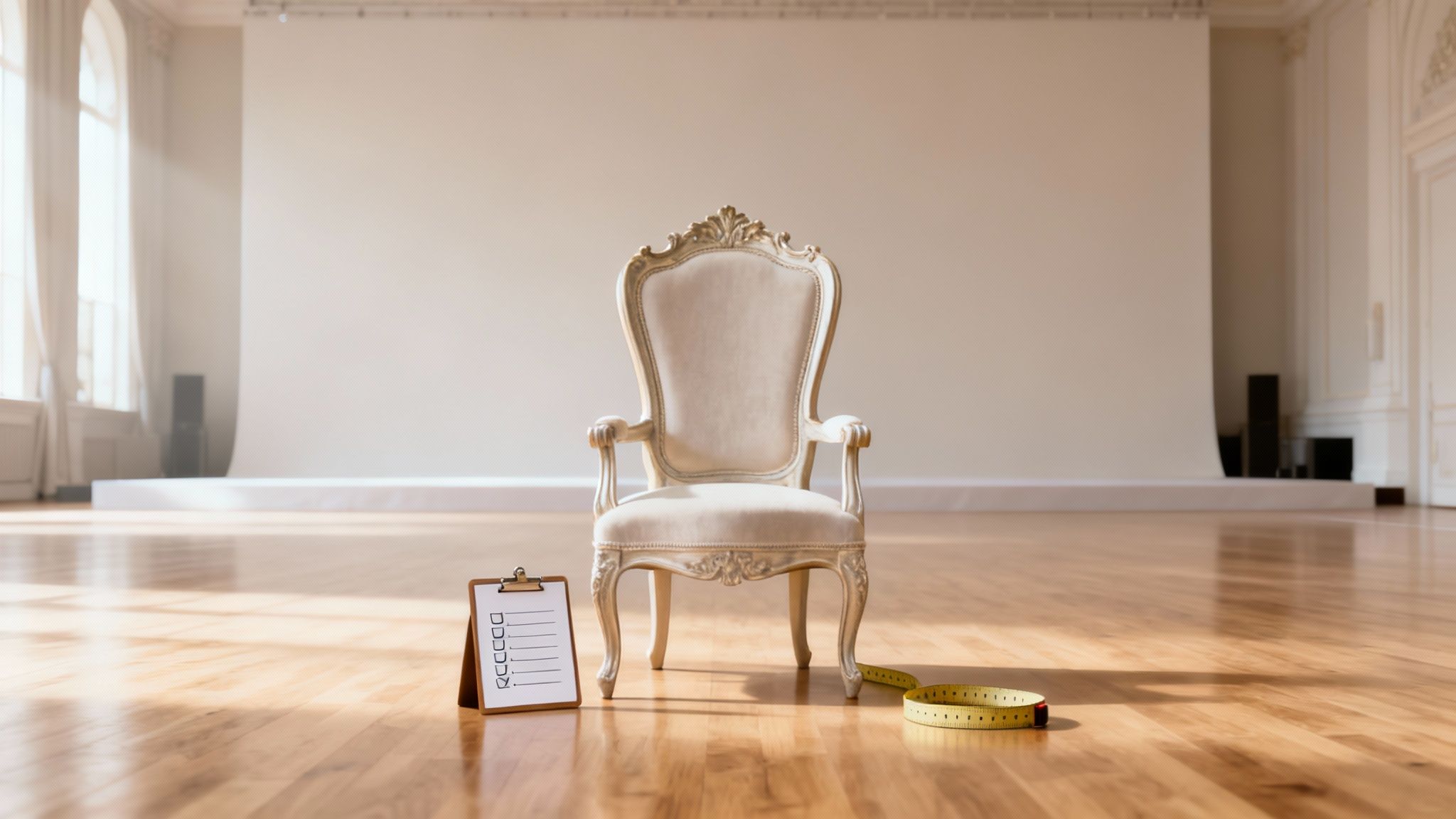 An opulent white throne chair with a checklist and measuring tape on a wooden floor.