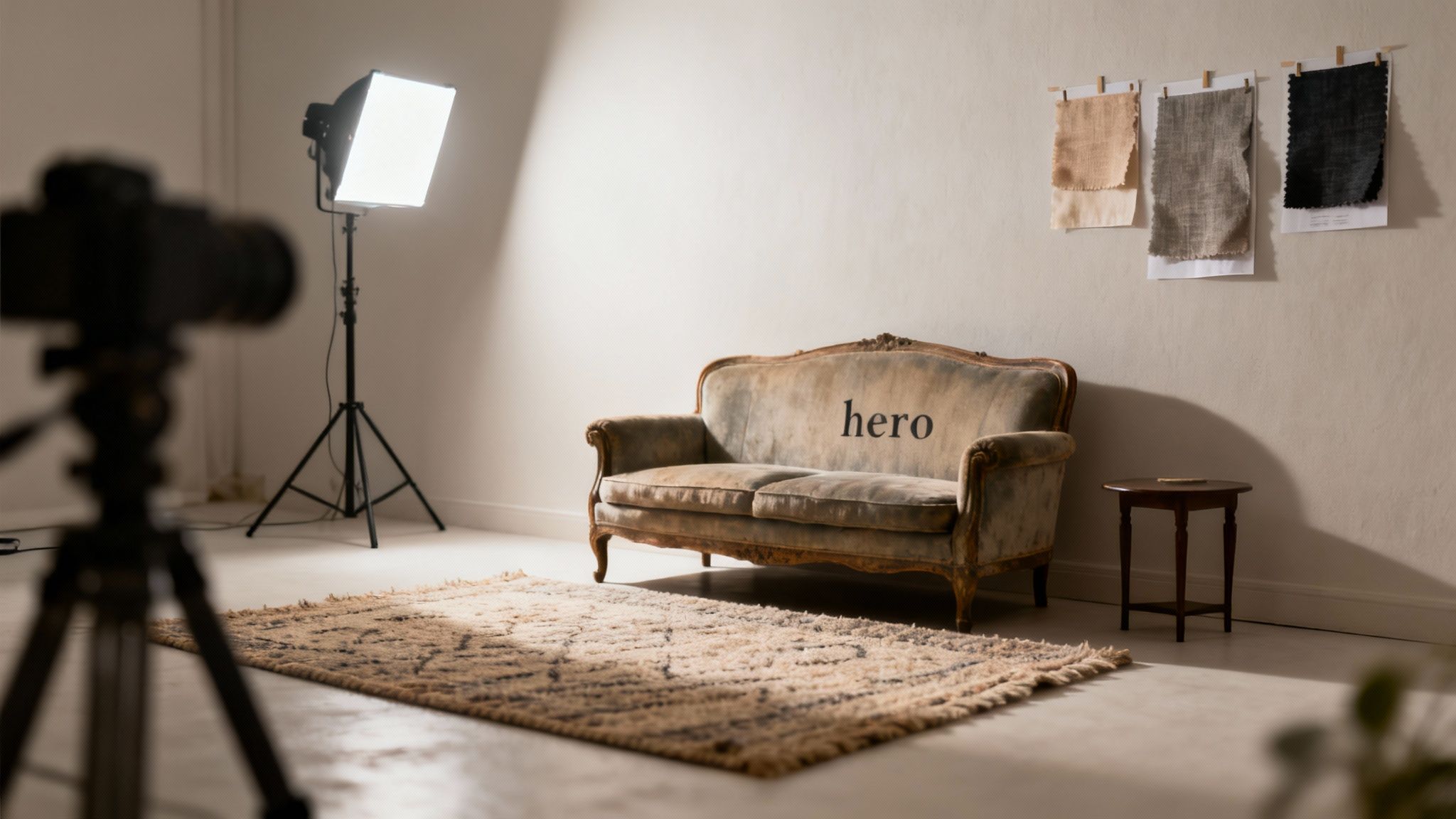 A photo studio setup with a vintage sofa, rug, fabric swatches, studio light, and a camera.