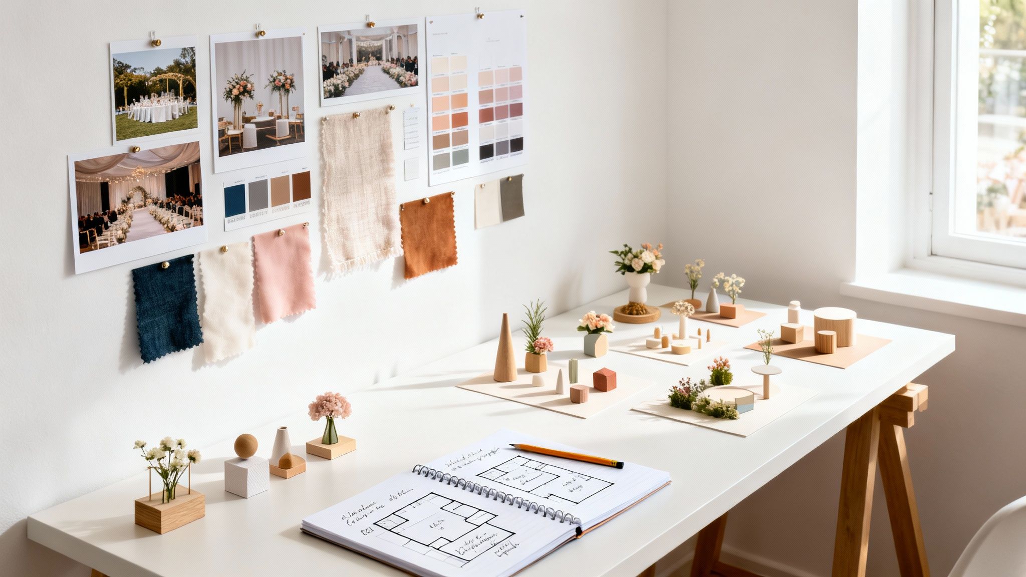 A creative event planning workspace with mood boards, fabric swatches, miniature decor models, and floor plans.