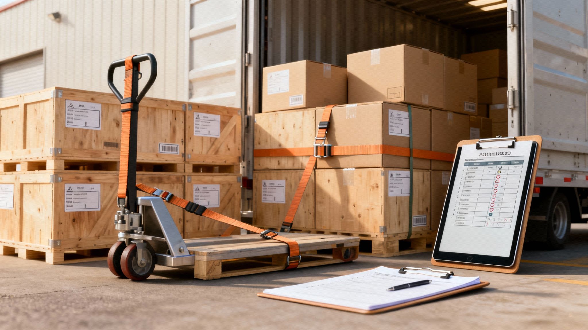 A loading dock scene with a truck being loaded with crates and boxes, a pallet jack, and inspection documents.