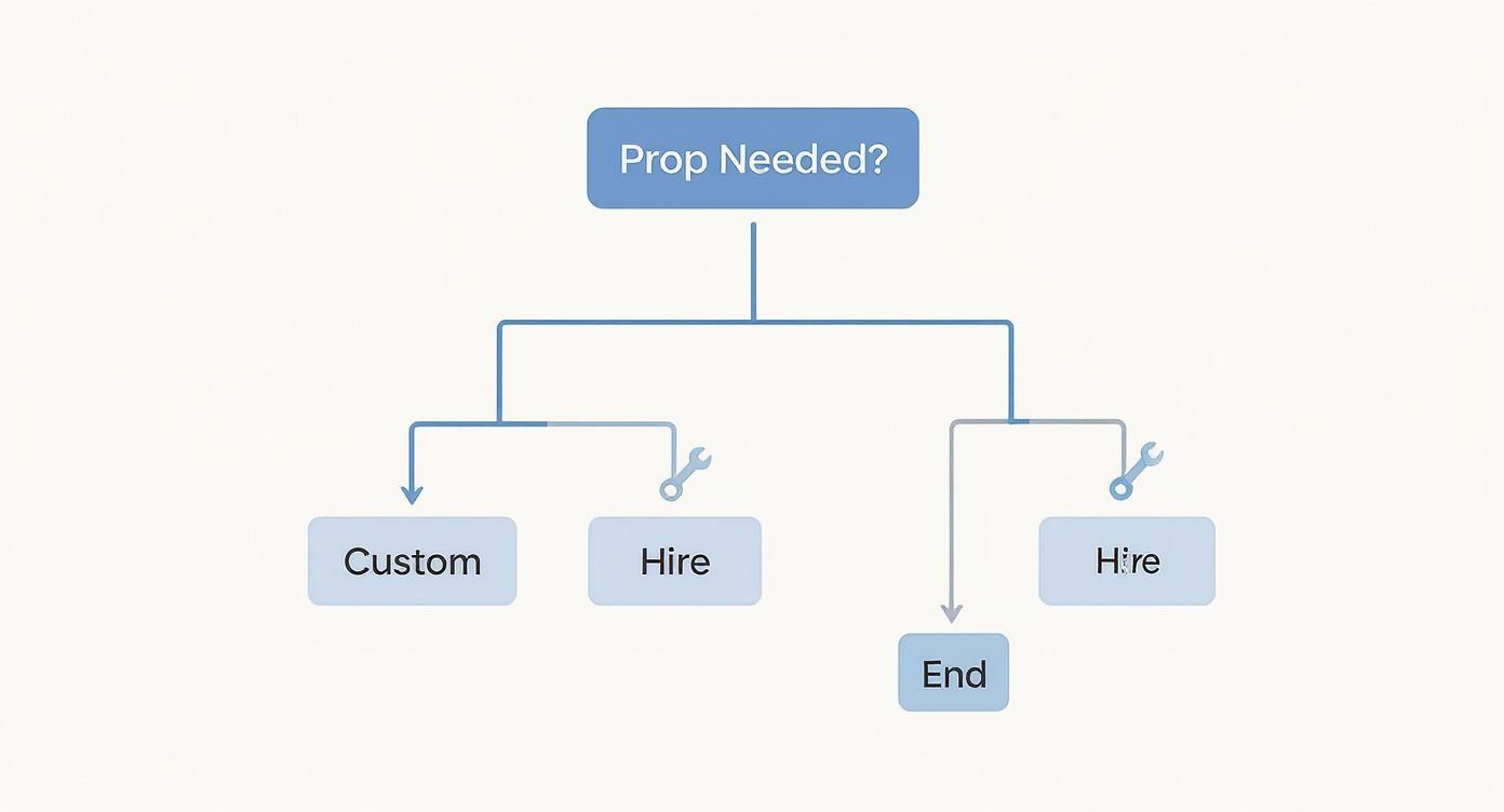 A simple flowchart titled 'Prop Needed?' showing decisions for 'Custom', 'Hire', and 'End' for prop acquisition.