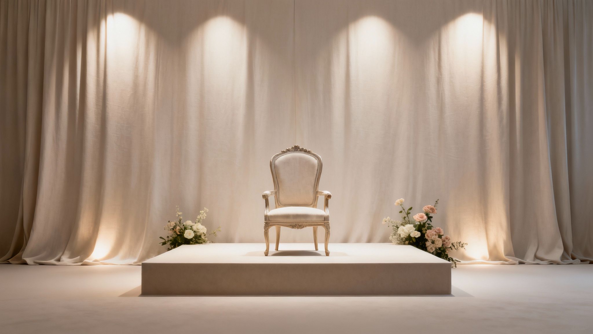 Elegant white throne chair on a raised platform with beige curtains and warm spotlights.