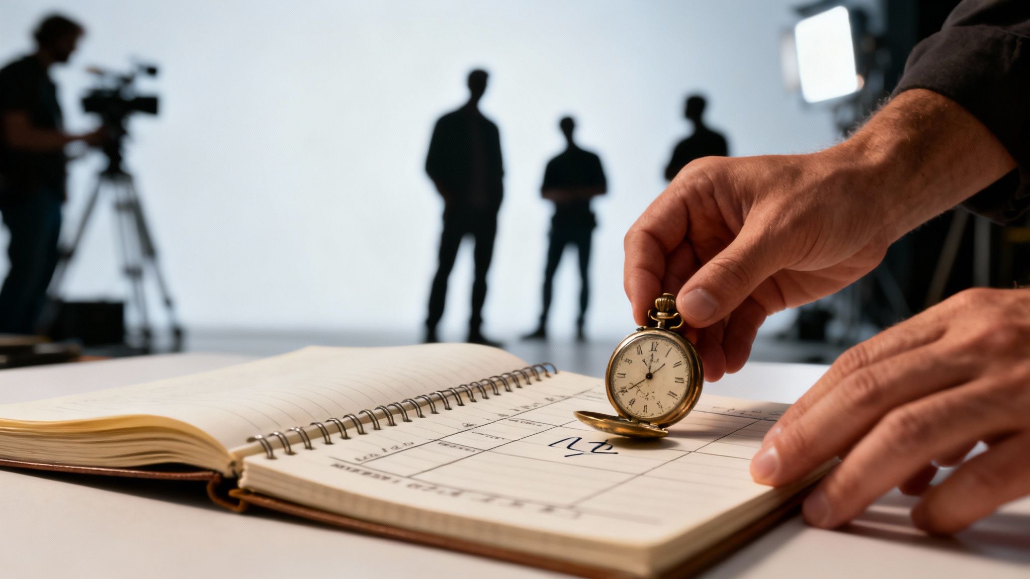 A hand places a vintage pocket watch on a production planner in a blurred TV studio.