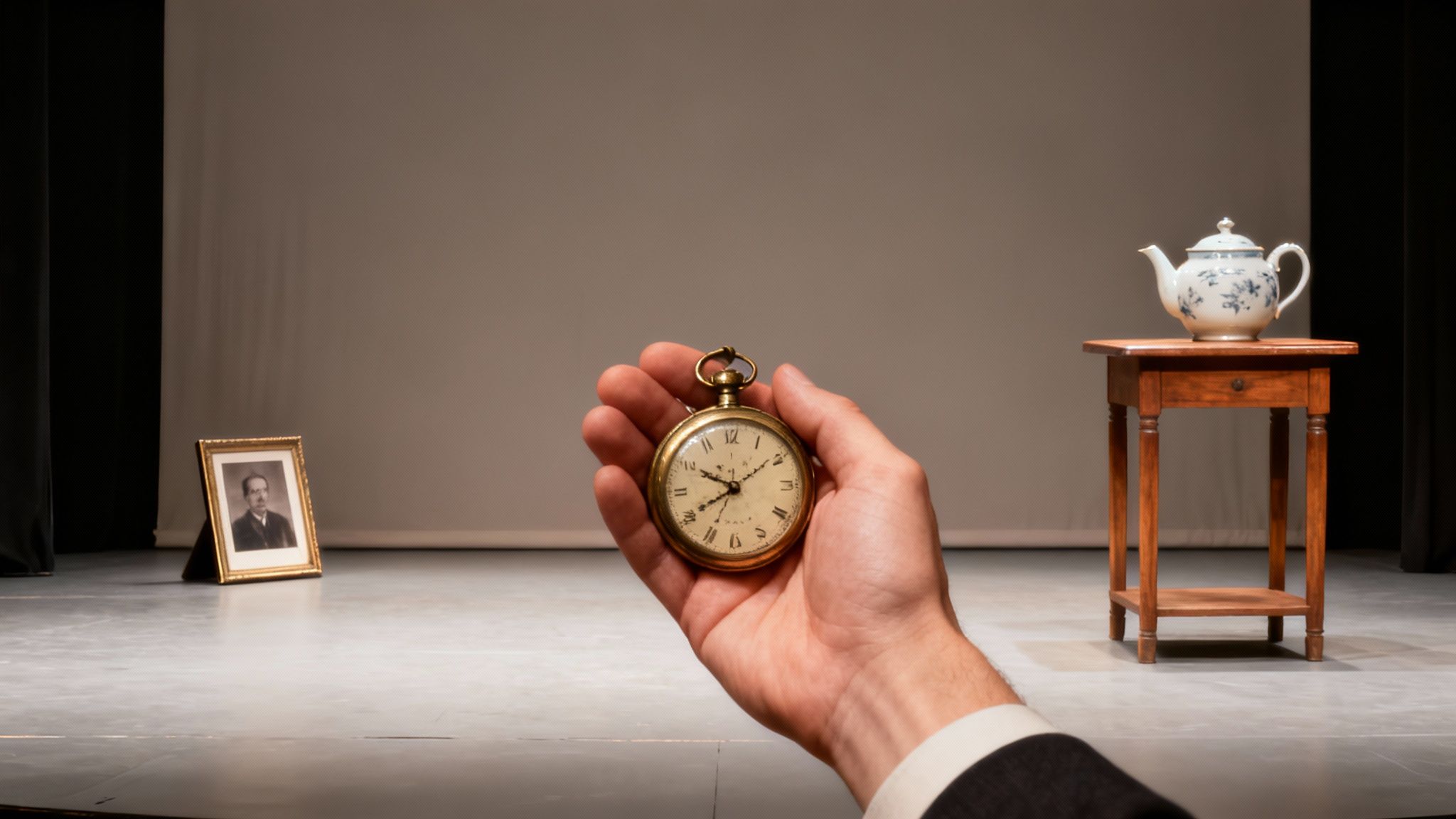 A hand holds an antique pocket watch on a stage with a framed portrait and a teapot.