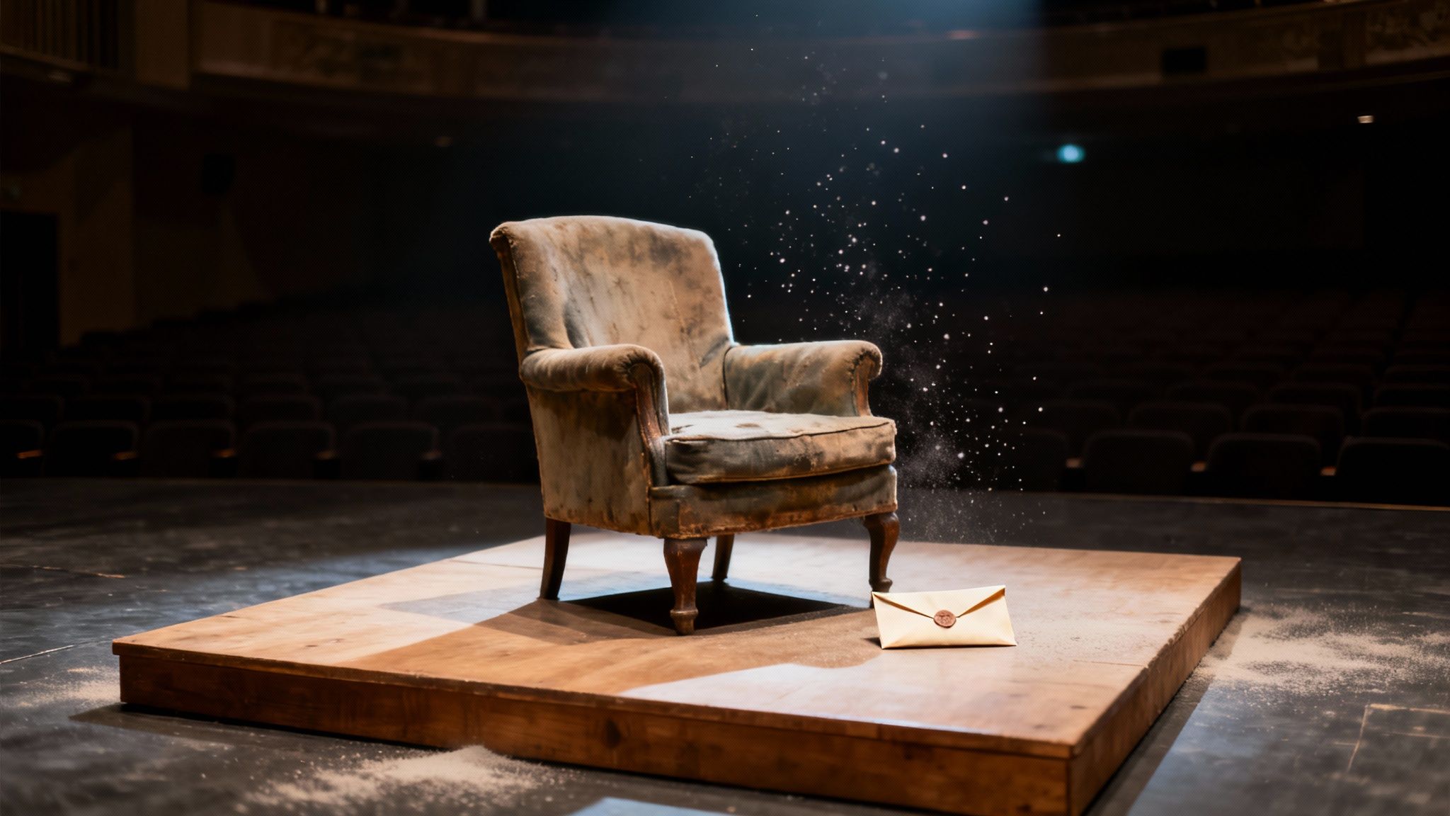 An old, worn armchair and a sealed envelope on a wooden stage under a dramatic spotlight in a dark theater.