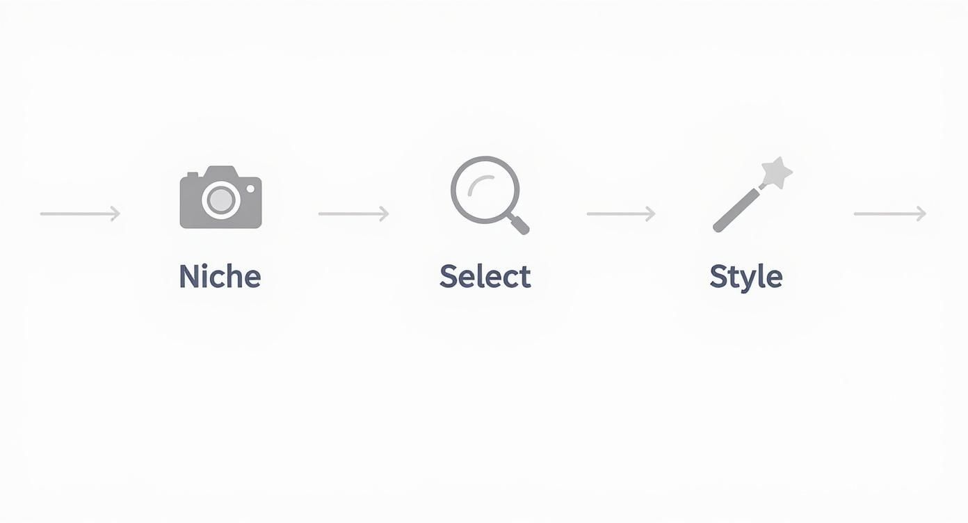 Three-step photography workflow process showing niche selection, image selection, and styling stages with icons