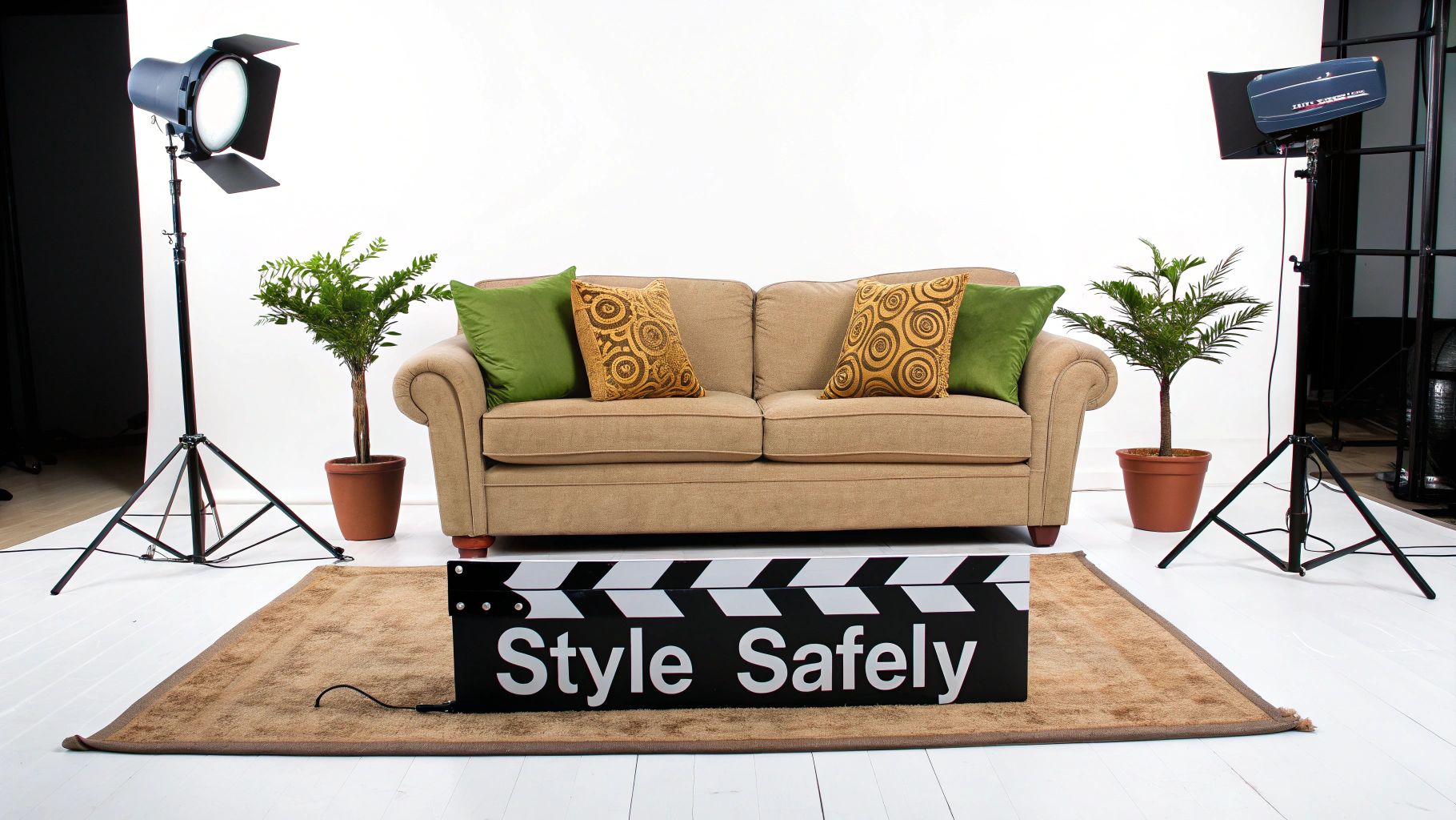 Professional photography studio setup with beige sofa, green pillows, plants, and Style Safely clapperboard