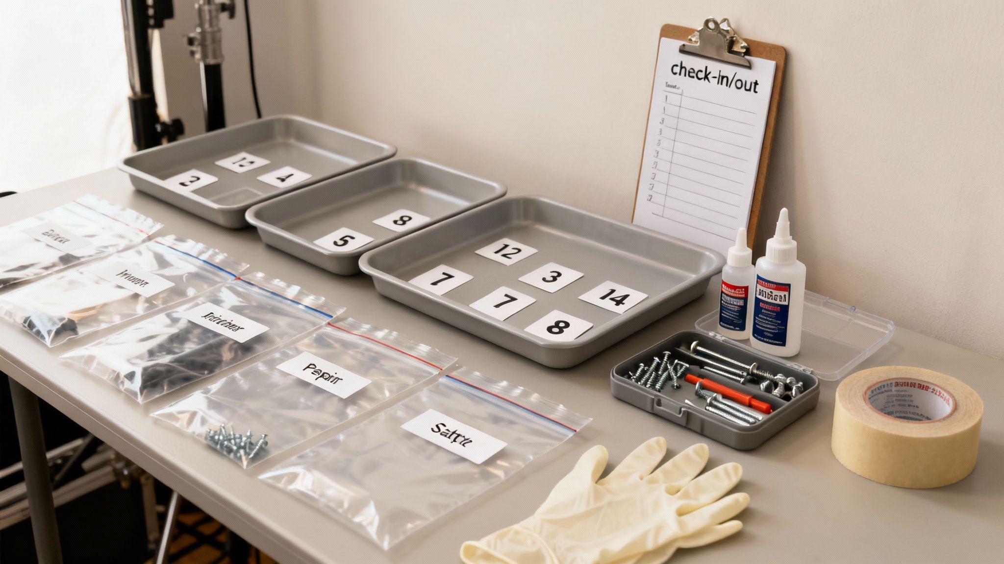 A table displays organized theatre props supplies, including labeled bags, trays, tools, and a checklist.