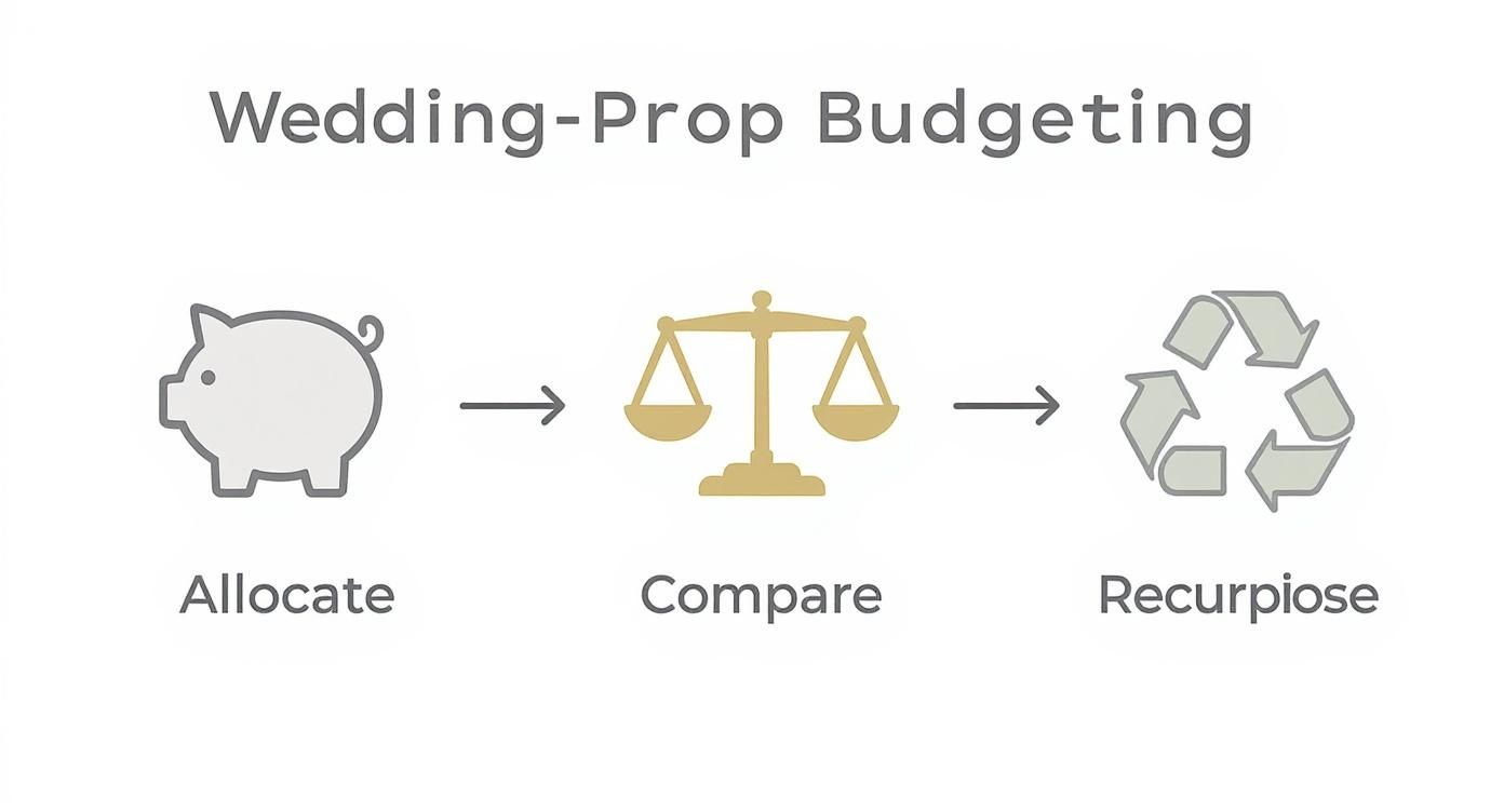A flowchart illustrating the three steps for wedding prop budgeting: allocate, compare, and repurpose.