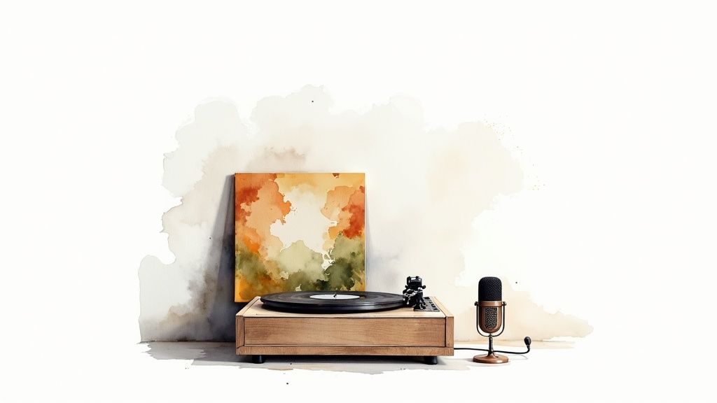 A styled scene featuring a vintage record player on a wooden cabinet, surrounded by appropriate decor and vinyl records.