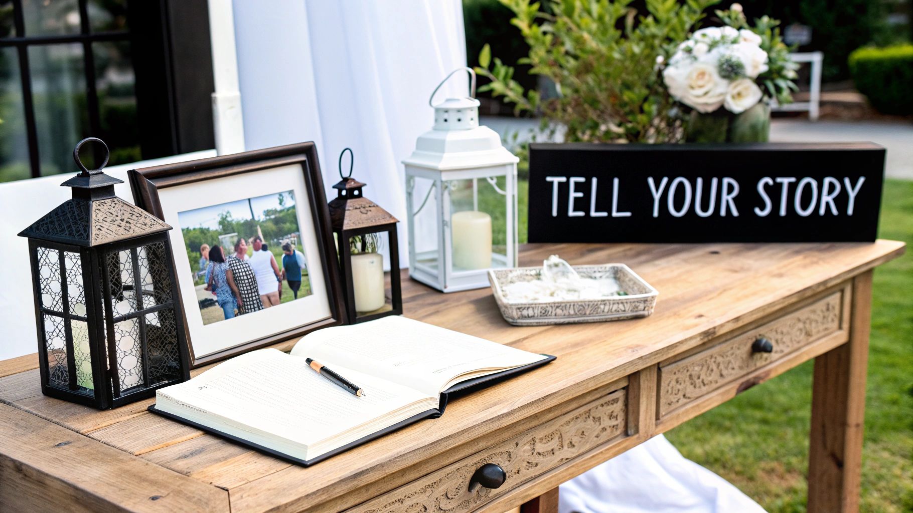 Outdoor wedding reception table with guest book, lanterns, a framed photo, and a "TELL YOUR STORY" sign.