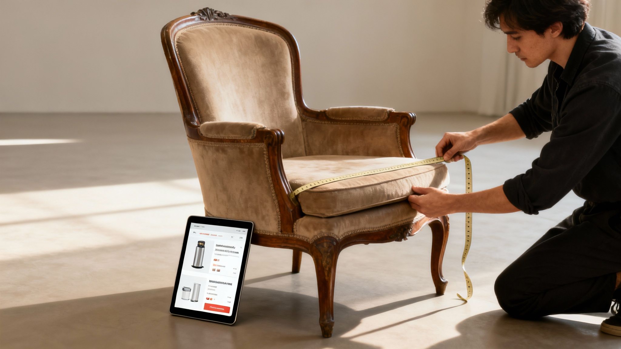 A man measures a vintage armchair cushion with a tape measure, with a tablet displaying products nearby.