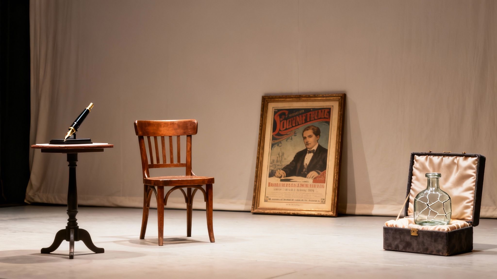 Various vintage theatre props on a minimalist stage, including a pen, a chair, a poster, and a mended bottle.