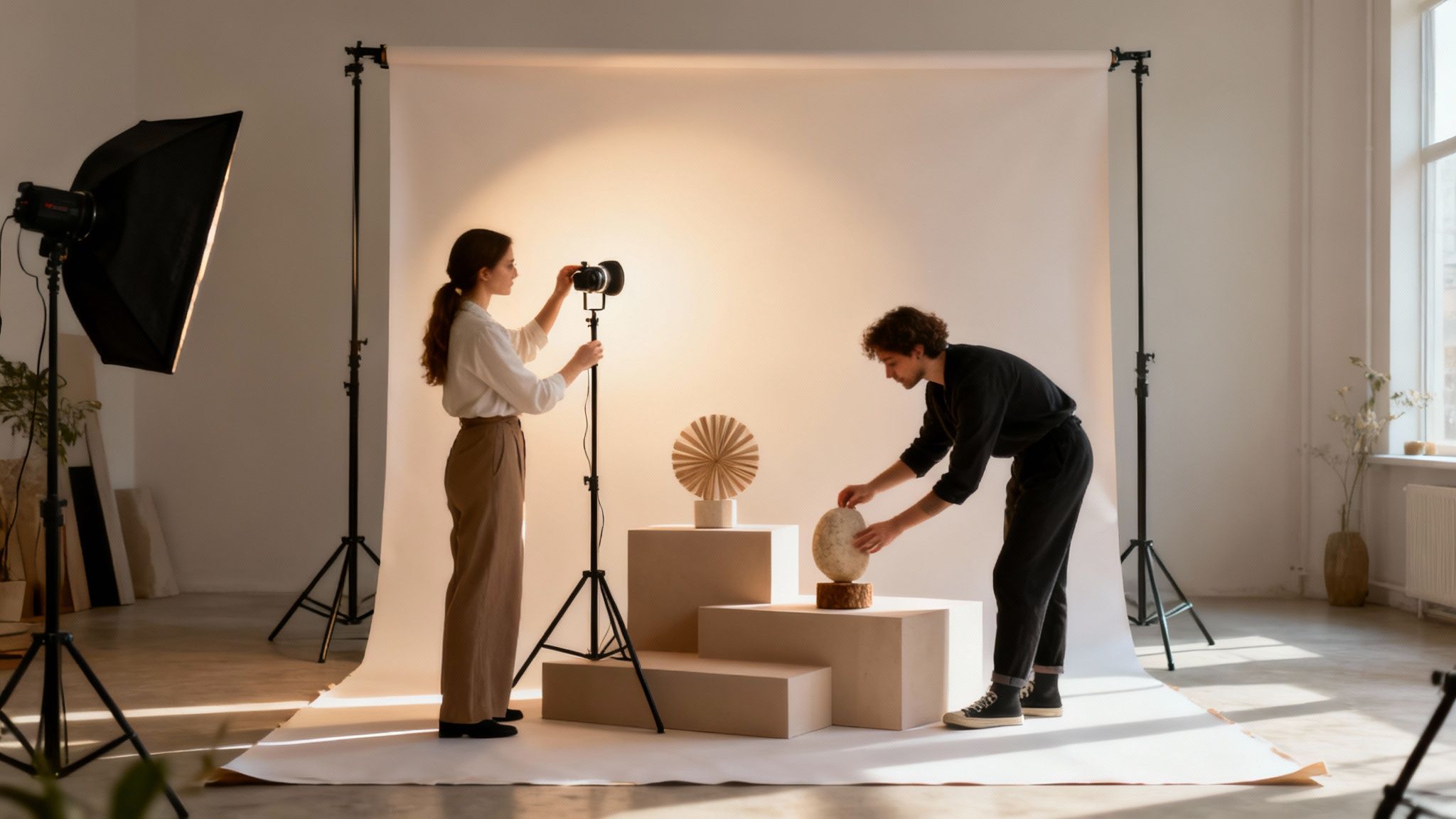 Two people setting up a photoshoot with decorative props and studio lighting in a bright studio.
