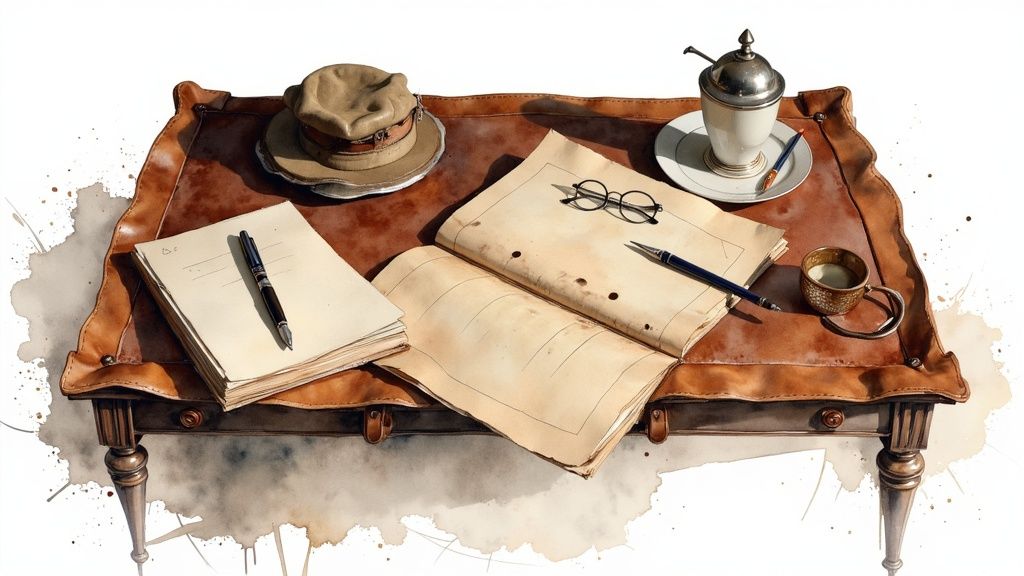 A leather topped desk dressed with a lamp, books and letters, building character.