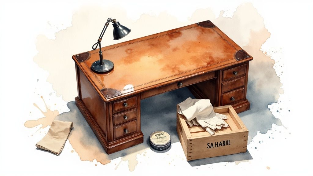 A leather topped desk on set with a lamp and books on it.