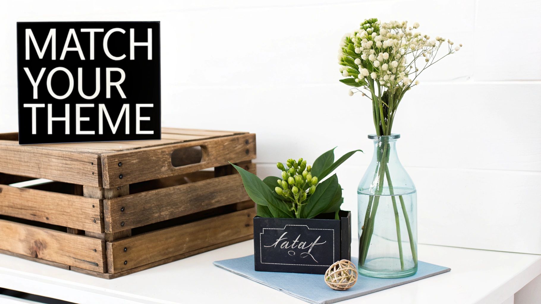 A black sign, wooden crate, and various floral arrangements for wedding decor.