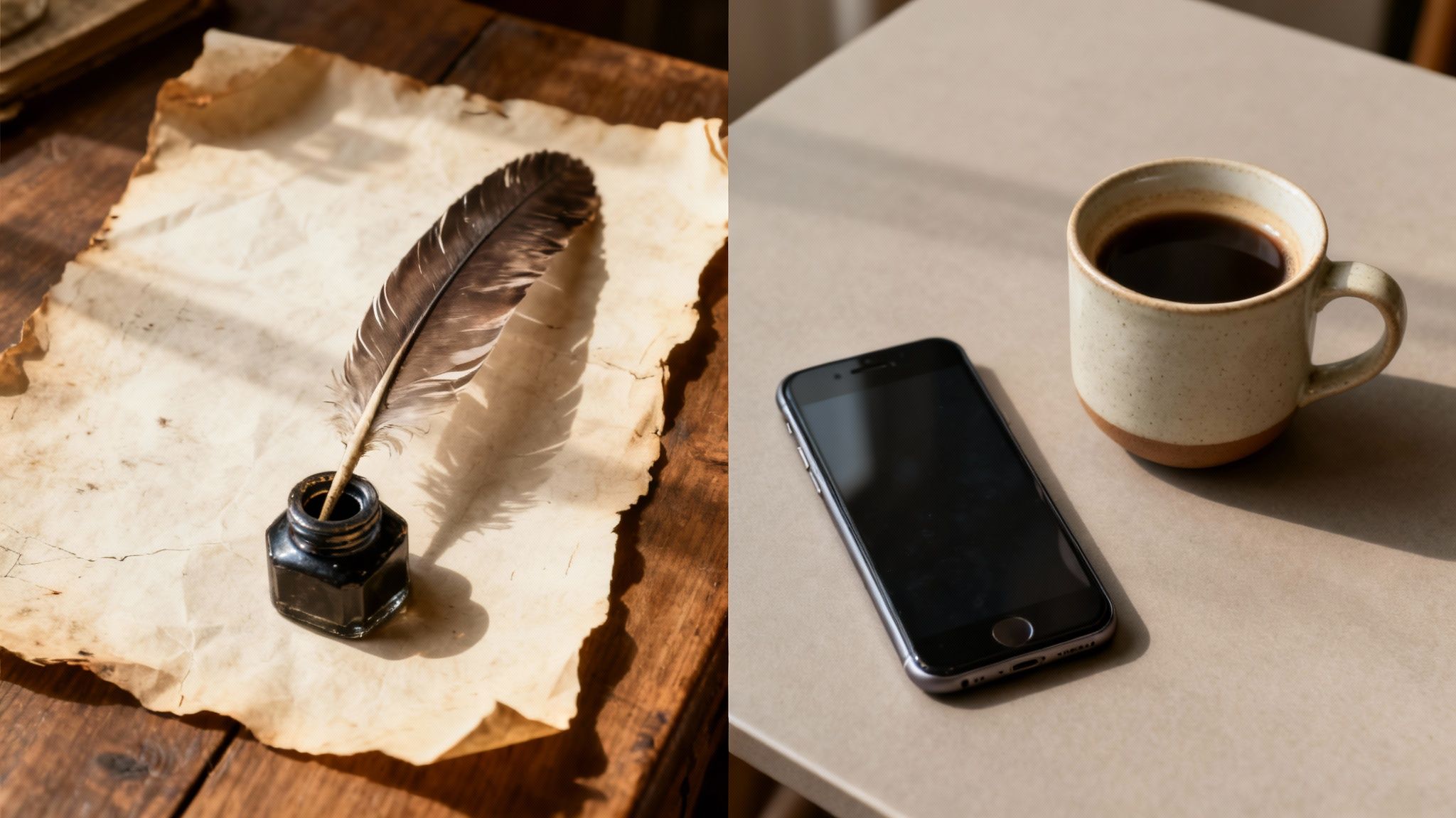 A split image showing a quill pen and inkwell on old paper, juxtaposed with a smartphone and coffee.