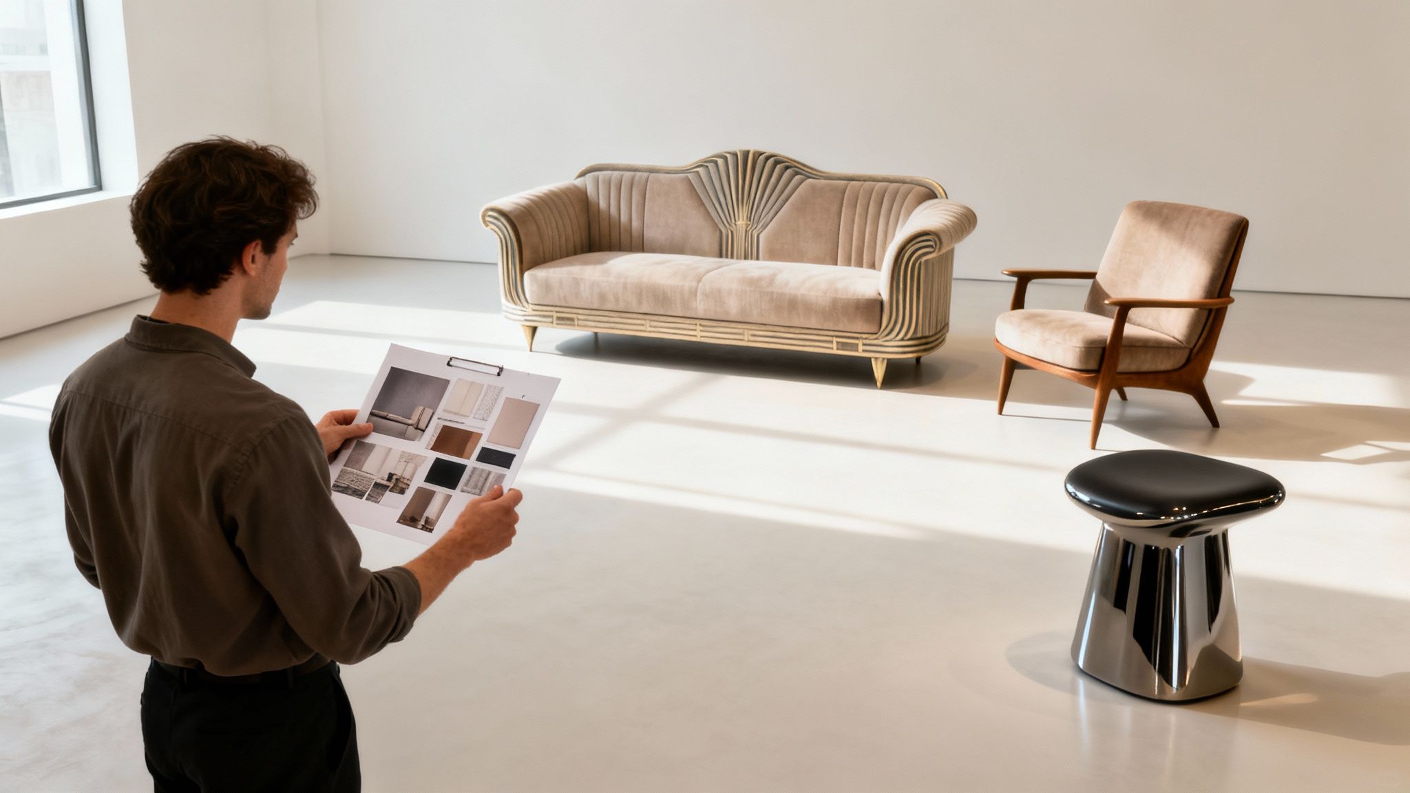 Man reviewing a design mood board in a bright showroom with elegant sofa, armchair, and modern stool.