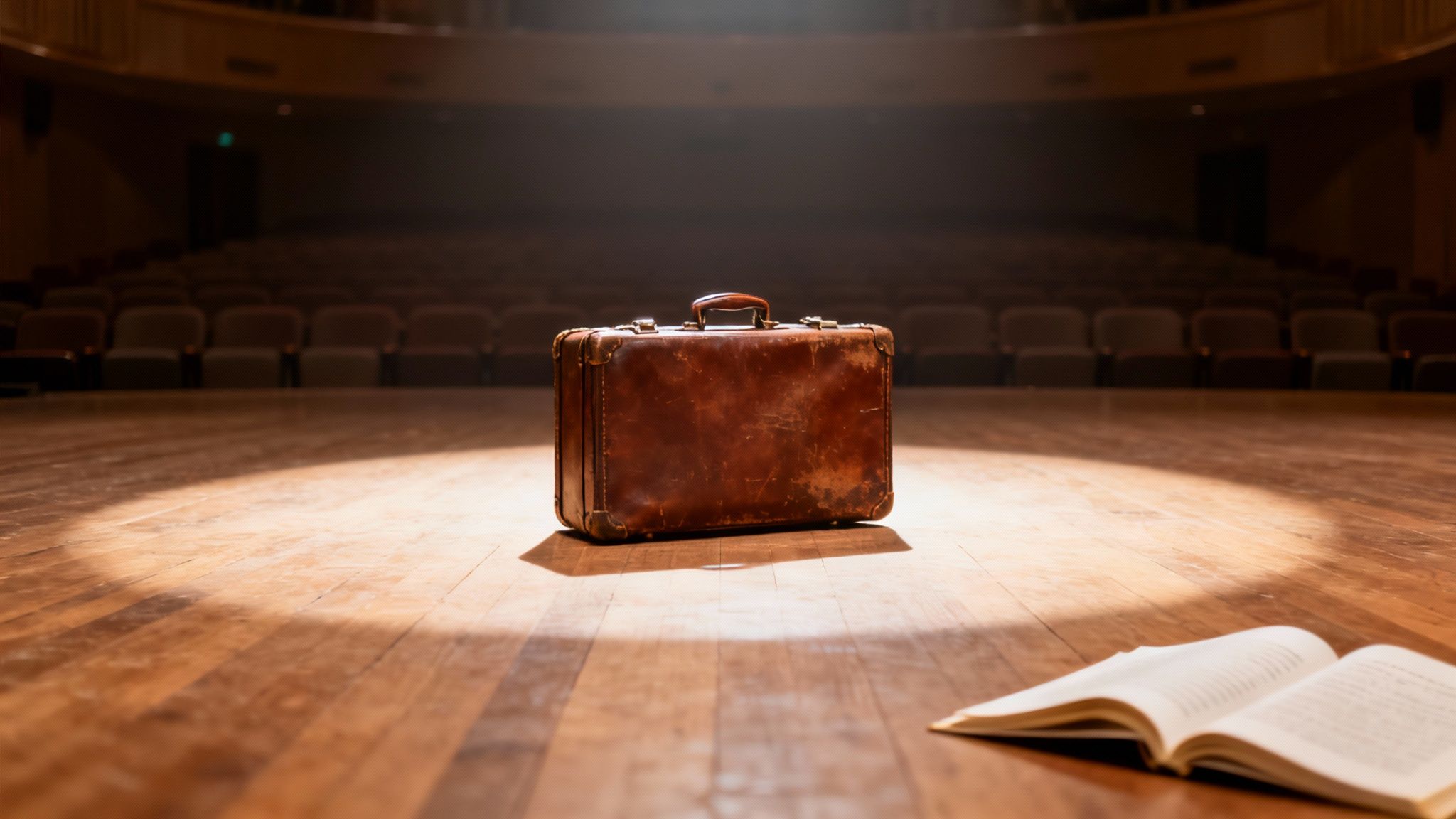 A vintage brown suitcase sits on a wooden stage, illuminated by a spotlight, with an open book and empty auditorium seats.