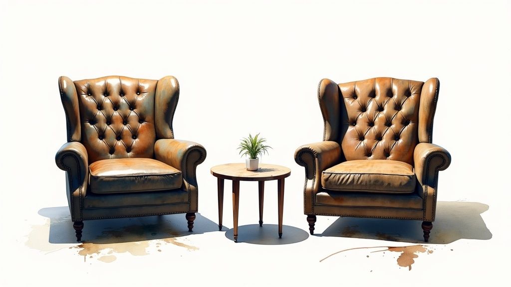 A Chesterfield wingback chair staged in a warmly lit, classic study environment.