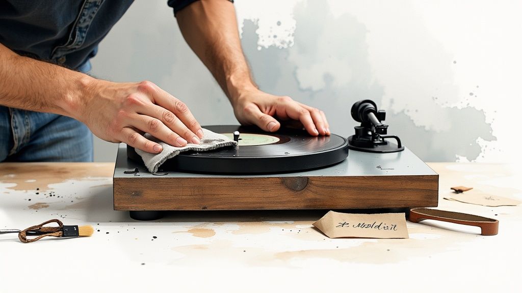 A close-up of a vintage record player with a vinyl record on the platter, ready for use.