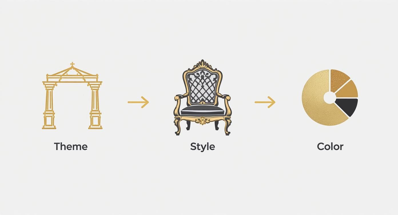 A visual explanation of event design elements: theme (archway), style (throne chair), and color palette.