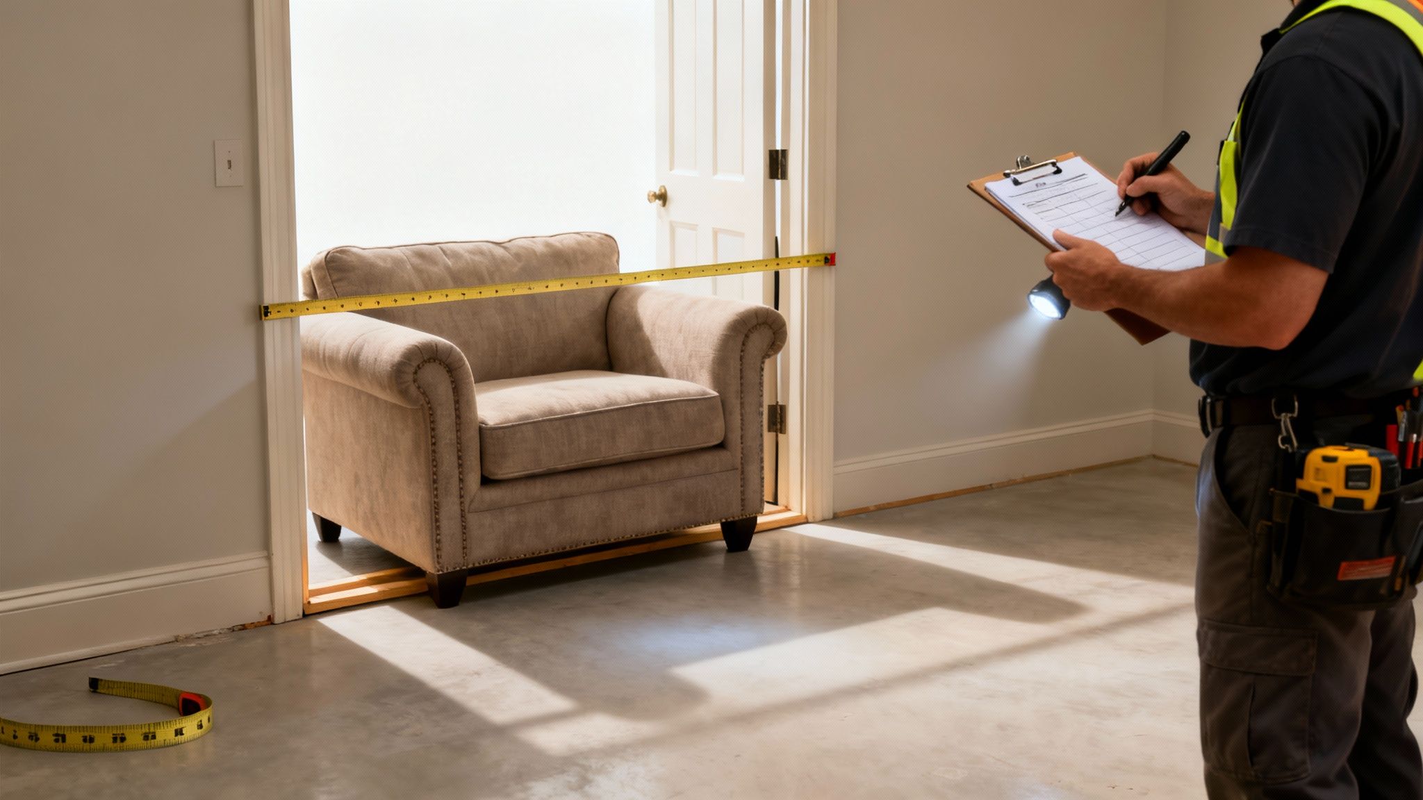 Home inspector measuring a doorway with a tape measure to fit a large sofa.