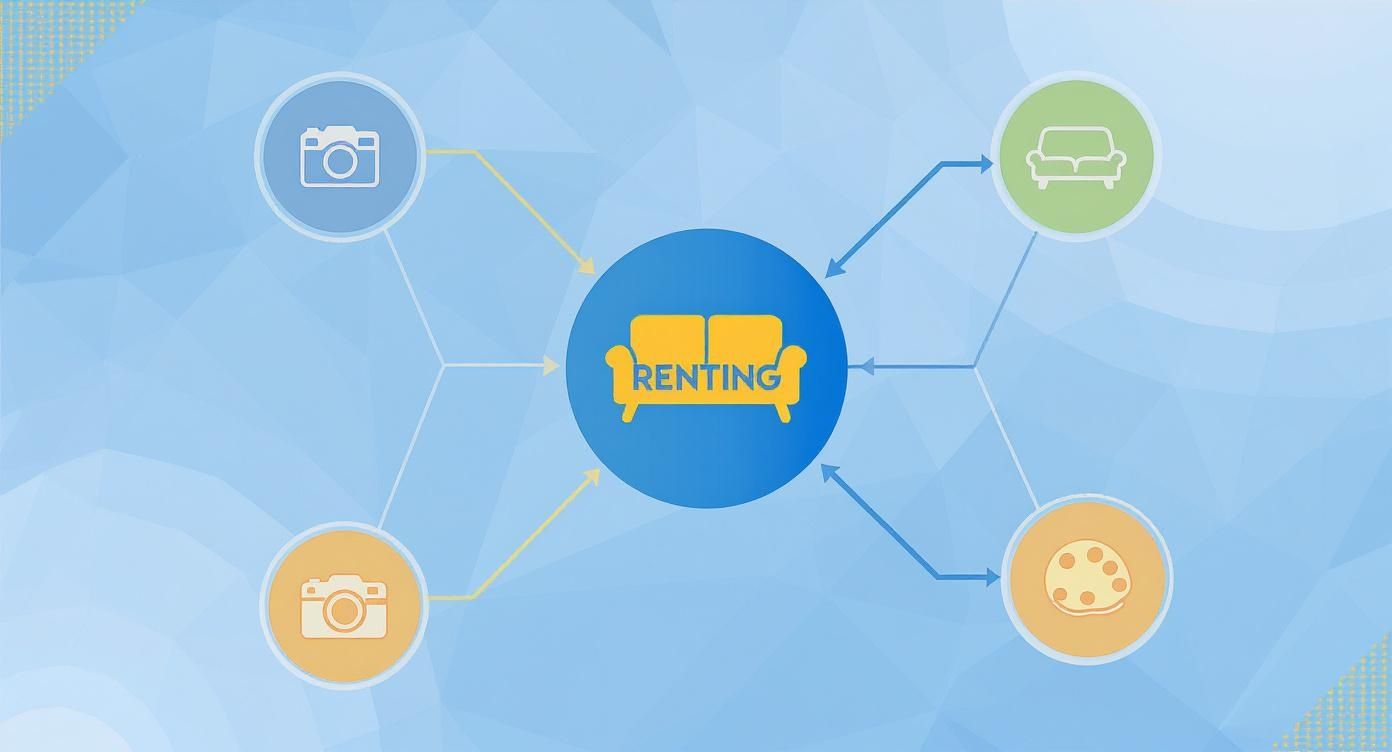 Central renting hub connecting furniture, cameras, art supplies and couch rental services diagram