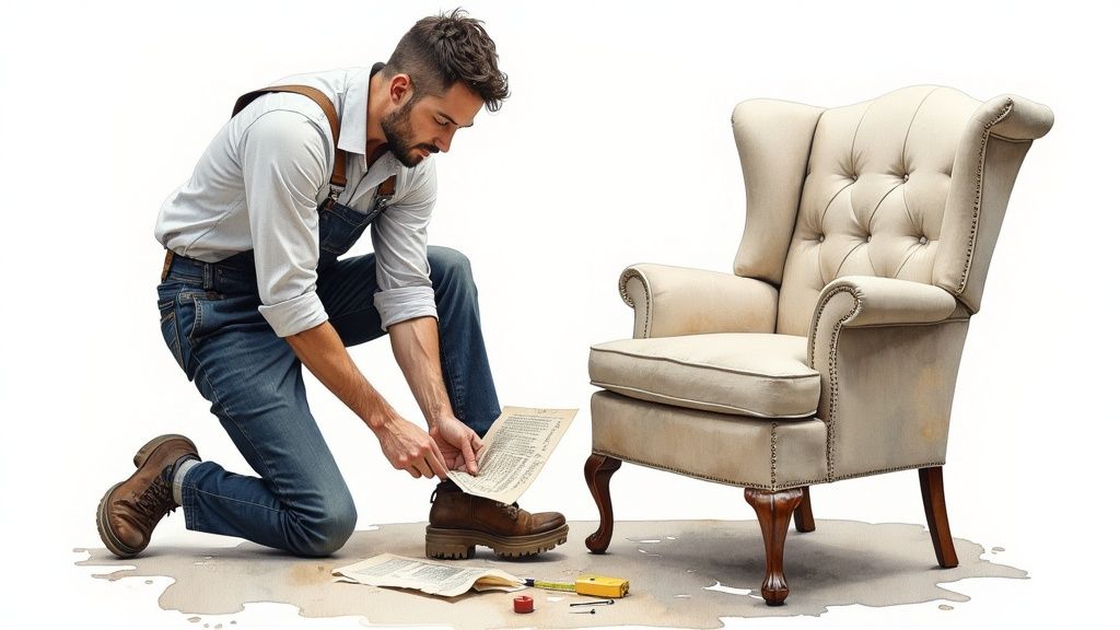 A Chesterfield wingback chair placed in an elegant, well-lit room, ready for inspection.