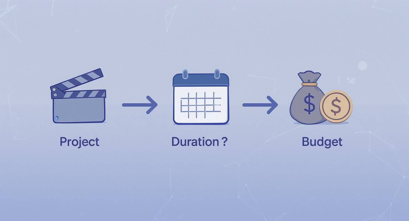 A visual representation of project planning, showing a clapperboard for 'Project', a calendar for 'Duration?', and a money bag for 'Budget'.